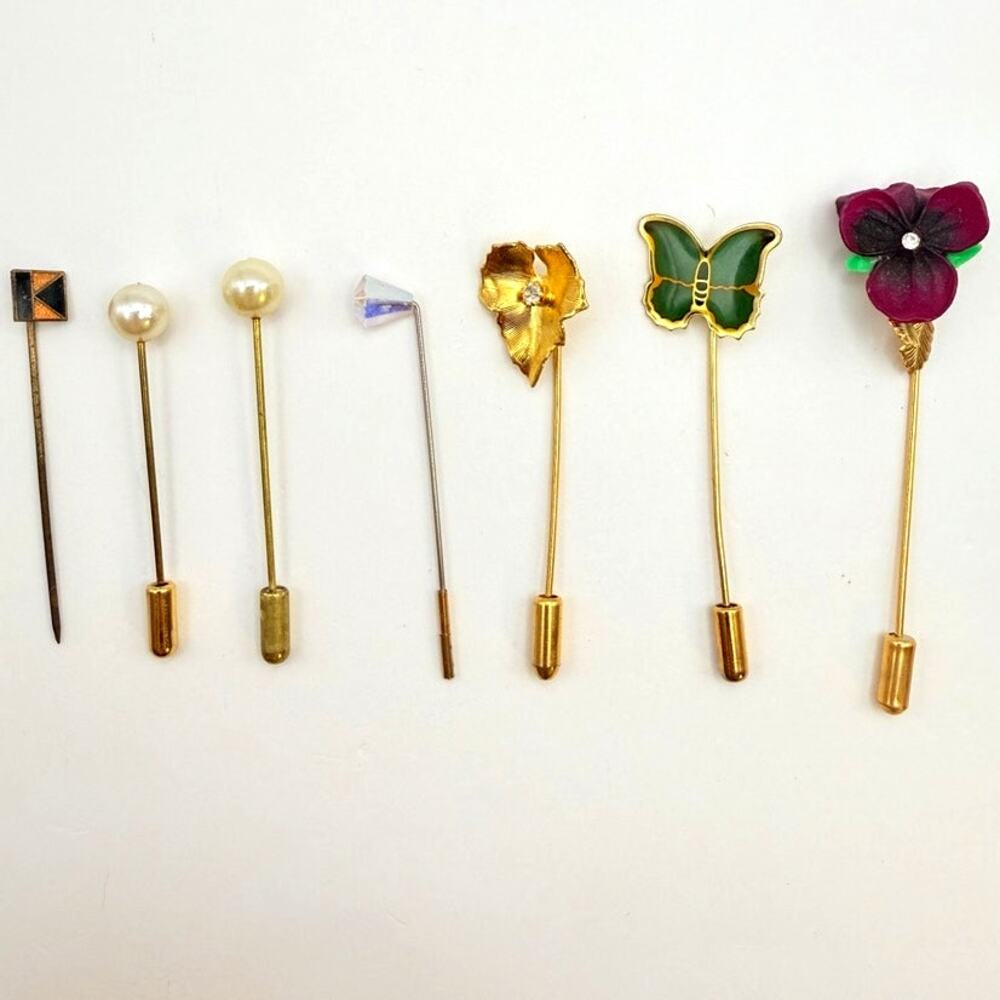 Lot of 7 Vintage Stick Pins Enamel Butterfly Pansy Pearl Ball Letter K Gold Tone